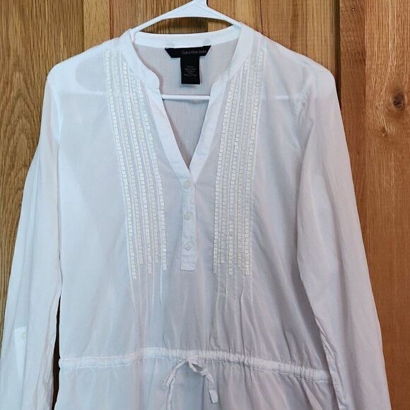 Calvin Klein Long Sleeve Sheer V-neck Tunic Oversized Blouse, Small, White - Picture 2 of 9
